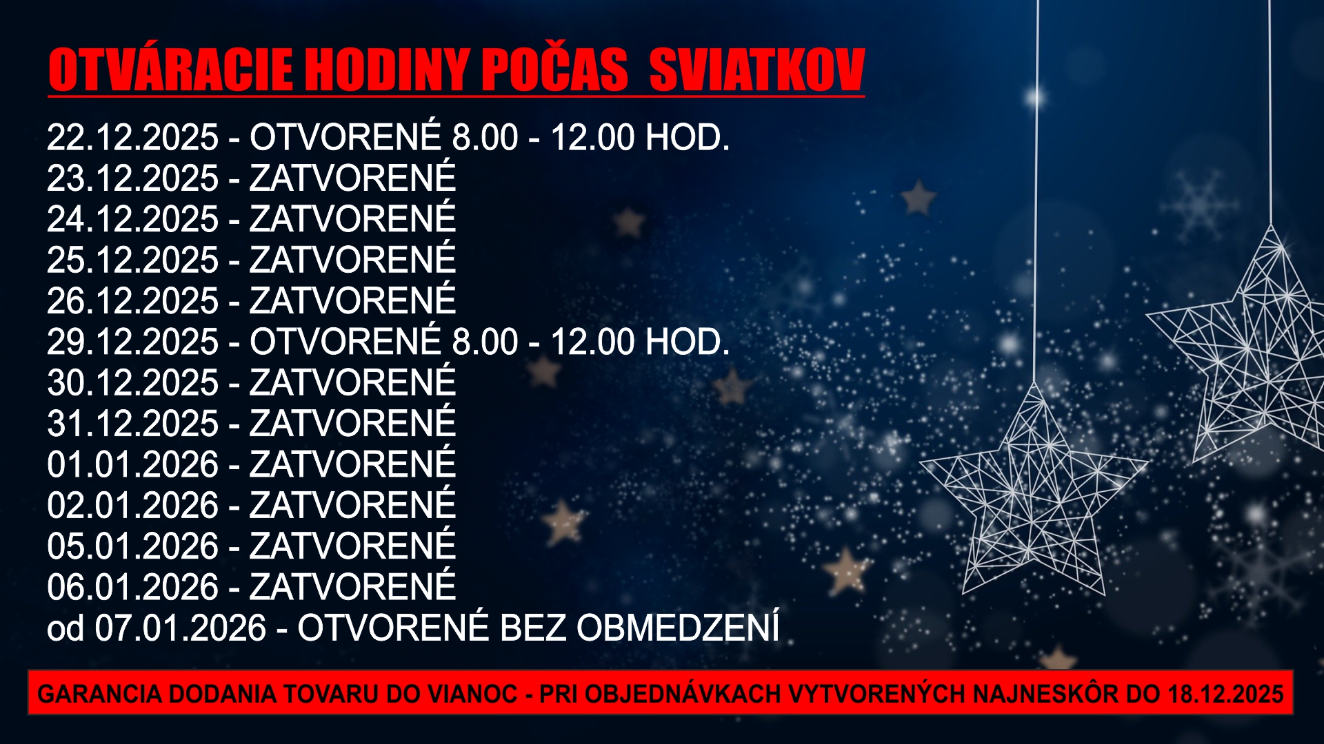 Otváracie hodiny sviatky 2025/2026